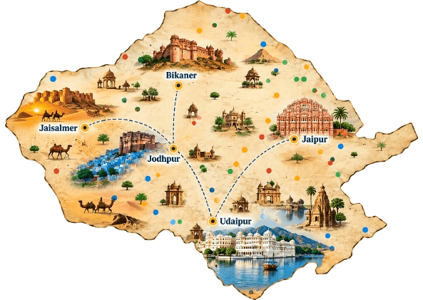Map of Rajasthan showing Urbania Hire coverage across Jaisalmer, Bikaner, Jodhpur, Jaipur and Udaipur